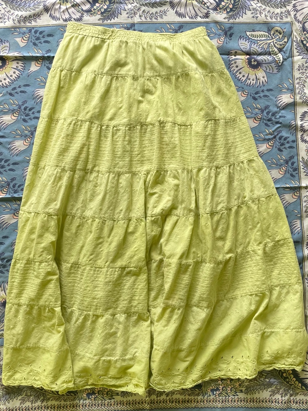Vintage Y2K 90s Lime Green Tiered Eyelet Cotton Maxi Skirt